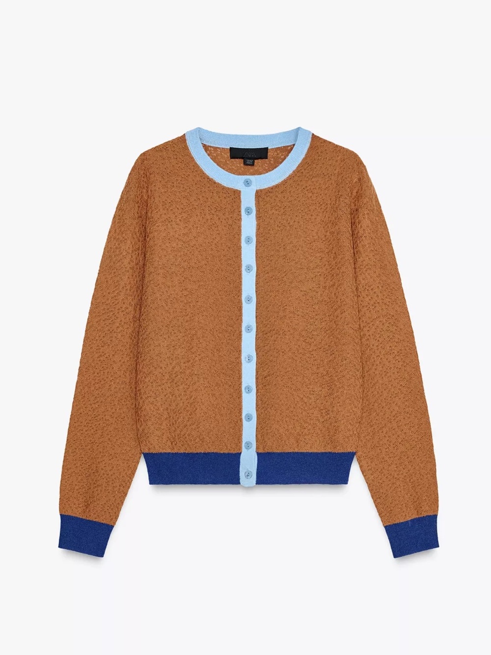 Zara Colour Block Cardigan Brown Blue Contrast Trim Button Sweater M